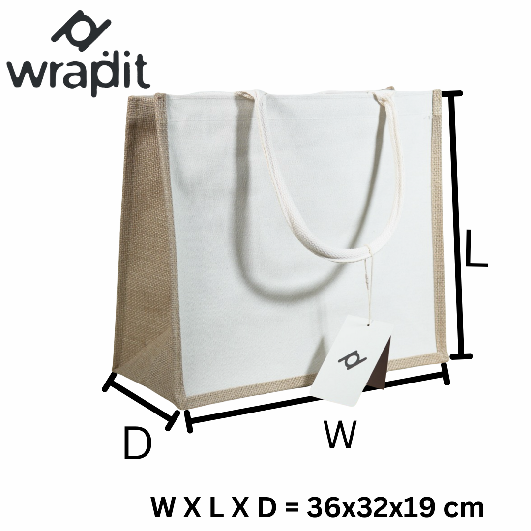 Wrapdit's Eco-Friendly Jute & Canvas Tote Bag – Reusable Shopping Bag with Sturdy Handles & Zipper, for Grocery, Work, Travel & Gifting