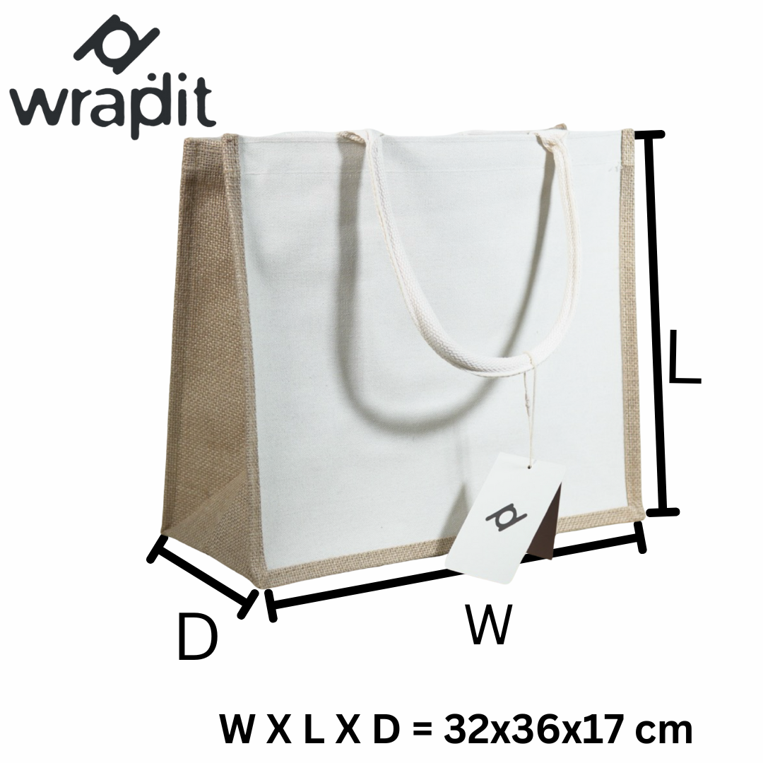 Wrapdit's Eco-Friendly Jute & Canvas Tote Bag – Reusable Shopping Bag with Sturdy Handles & Zipper, for Grocery, Work, Travel & Gifting