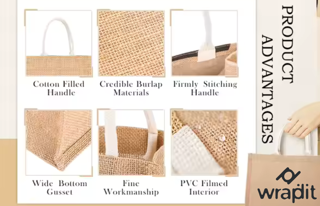 Wrapdit's Eco-Friendly Reusable Jute Bags with Sturdy Cotton Handles β Sustainable Burlap Tote Bags in Multiple Sizes for Shopping, Gifting, and Daily Use β Durable, Biodegradable, and Stylish Design 2| Pack of 2 Bags.