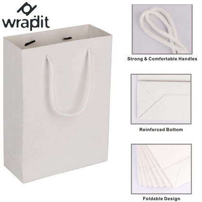 Wrapdit's luxury Matte White Paper Gift Bags with Soft Rope Handles – Sturdy, Reusable, and Elegant for Shopping, Boutiques, Weddings, and Gift Packaging.