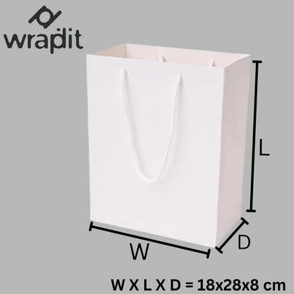 Wrapdit's luxury Matte White Paper Gift Bags with Soft Rope Handles – Sturdy, Reusable, and Elegant for Shopping, Boutiques, Weddings, and Gift Packaging.