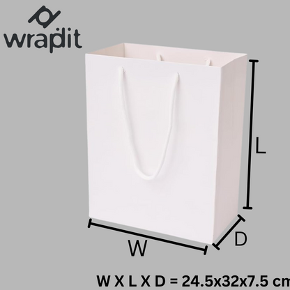 Wrapdit's luxury Matte White Paper Gift Bags with Soft Rope Handles – Sturdy, Reusable, and Elegant for Shopping, Boutiques, Weddings, and Gift Packaging.