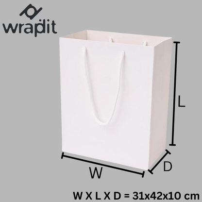 Wrapdit's luxury Matte White Paper Gift Bags with Soft Rope Handles – Sturdy, Reusable, and Elegant for Shopping, Boutiques, Weddings, and Gift Packaging.