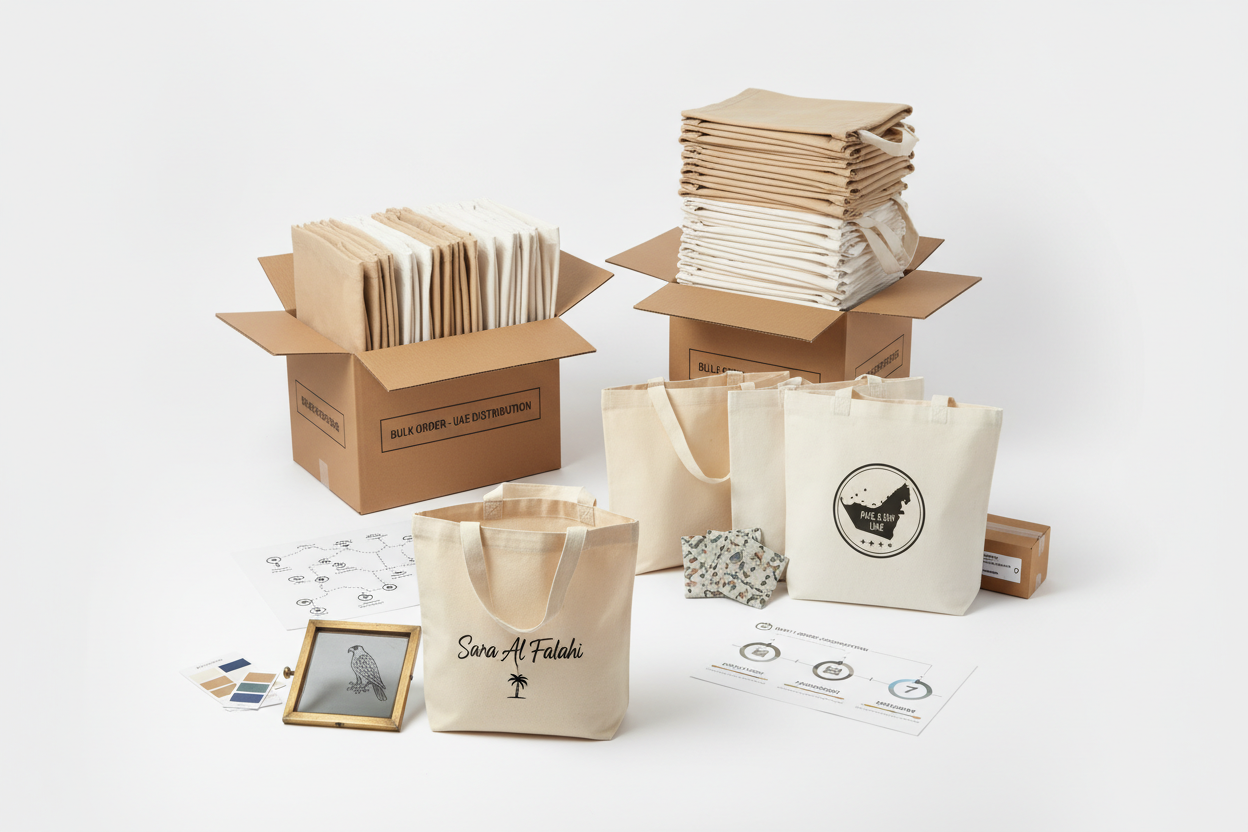 A clean, realistic layout featuring canvas tote bags alongside minimal graphic elements that represent FAQs for a UAE packaging brand.
Show variations of bags that suggest different order quantities—from single personalized pieces to stacked bulk orders.
Include subtle UAE delivery indicators such as labeled shipping boxes or route icons for all seven Emirates.
Display printing method representations like colour swatches, print samples, or small screen-print frames beside the bags.
Incorporate simple timeli