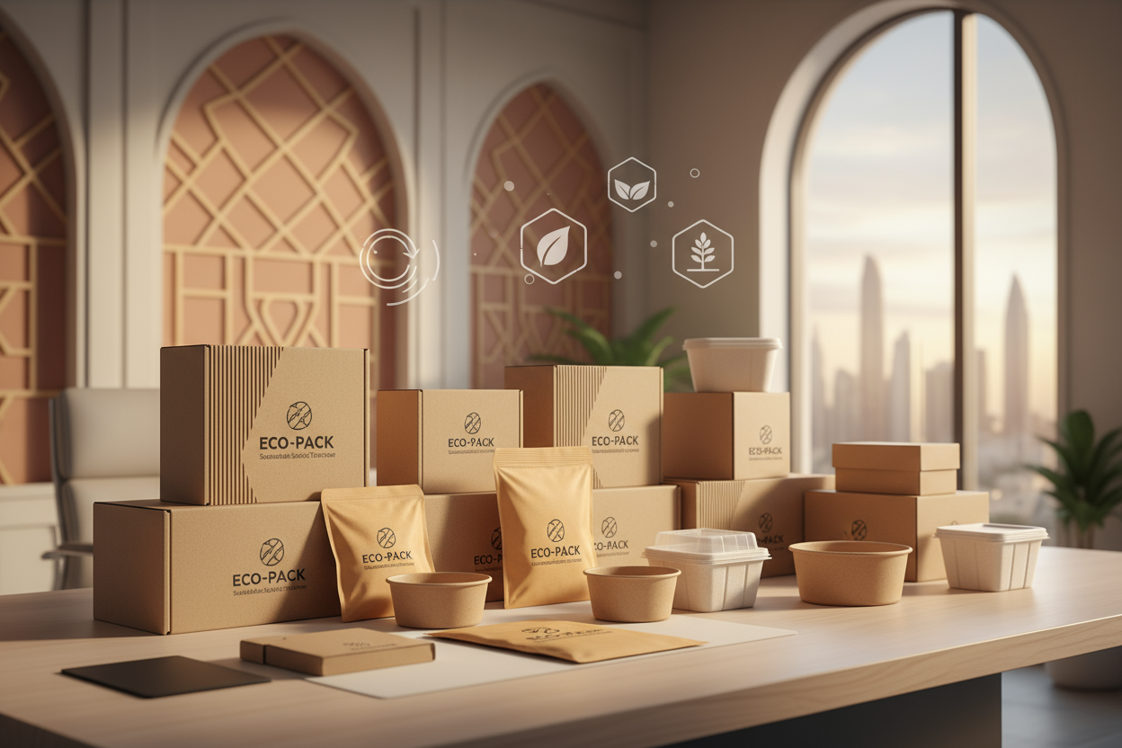 A high-quality, realistic commercial image showcasing the concept of sustainable packaging for businesses in the UAE. The scene features eco-friendly packaging materials such as recycled cardboard boxes, biodegradable mailers, and plant-based containers arranged neatly on a clean, modern workspace. Subtle visual cues reference the UAE, such as soft Middle Eastern architectural patterns, warm desert-inspired tones, or a distant skyline hinting at Dubai or Abu Dhabi. Infographics or icons appear subtly in the