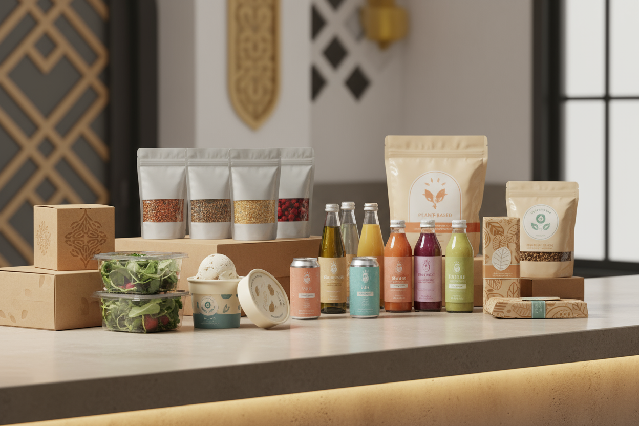 A high-resolution, realistic commercial image showcasing a variety of sustainable food and beverage packaging solutions. Display compostable bioplastic containers, recycled paperboard boxes, high-barrier mono-material pouches, grease-resistant fast-food wrappers, plant-based beverage bottles, recycled glass and aluminum drink containers, biodegradable insulated ice-cream tubs, and durable resealable pet-food bags. Arrange the items neatly on a modern, clean surface with a subtle UAE business aesthetic