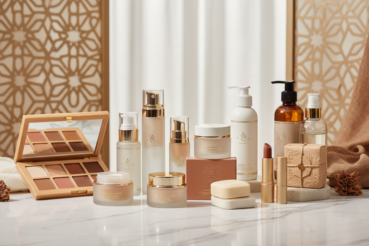 A luxurious, high-resolution, realistic commercial image showcasing sustainable beauty and cosmetic packaging designed for the premium UAE market. Display elegant refillable cosmetic containers, sleek glass jars, recycled-plastic bottles, and modern mono-material makeup compacts. Include chic sustainable lipstick tubes made from recycled aluminum or biodegradable materials, stylish makeup palettes crafted from certified wood, and shampoo packaging such as PCR bottles, solid shampoo bars with minimal wrappin