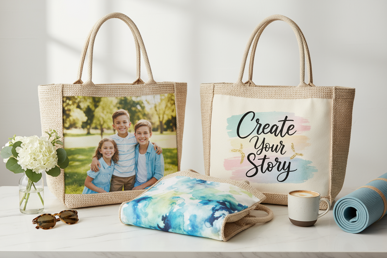 A realistic display of custom canvas tote bags designed for personal use with fully personalized artwork.
Show bags featuring custom quotes, favourite photos, and unique bespoke designs in vibrant detail.
Arrange the totes on a clean, modern surface styled for lifestyle use—shopping, gym, and daily carry.
Highlight premium canvas texture and gift-ready personalization elements.
Include subtle cues of flexible ordering, such as single showcased bags and small curated sets, with no humans present.