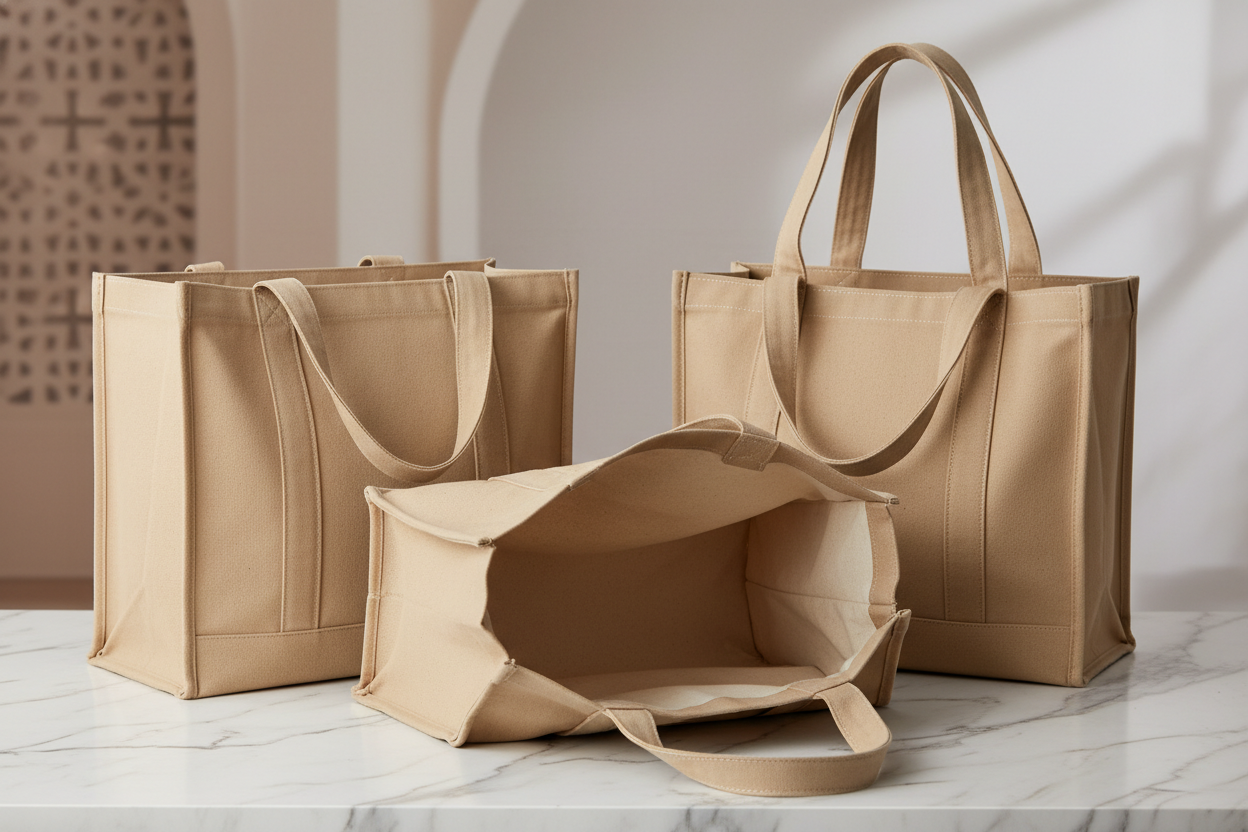 A realistic display of heavy-duty canvas bags designed for the UAE lifestyle and large grocery runs.
Show thick, durable canvas with strong reinforced stitching clearly visible.
Feature wide, comfortable handles and structured shapes that convey strength.
Highlight spacious interiors with an open-bag view or neatly arranged layout.
Use a clean, modern surface with subtle UAE cues, focusing on durability and everyday practicality.