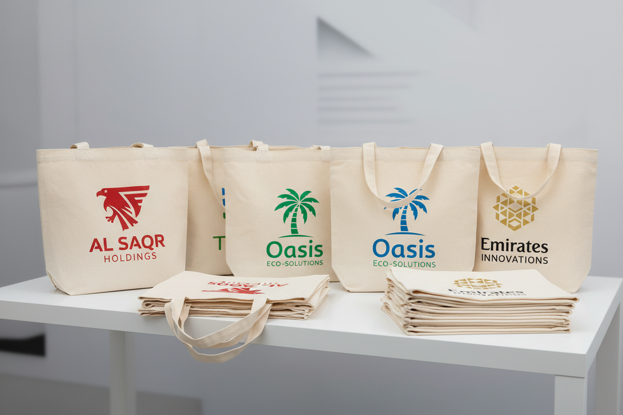 A realistic display of promotional and corporate canvas tote bags designed for branding at UAE trade shows and events.
Show custom-printed tote bags featuring bold company logos and high-visibility branding.
Include blank and printed variations arranged neatly on a clean, modern presentation surface.
Highlight premium canvas textures suitable for corporate gifts and CSR initiatives.
Add subtle cues of bulk-order readiness, such as stacked or grouped bags, with no humans present.