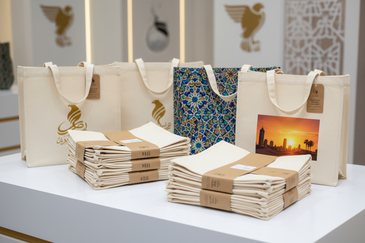 A realistic product display of premium, heavy-gauge canvas tote bags fully customizable for UAE businesses.
Show blank and printed canvas bags featuring high-definition logos, intricate designs, and vibrant full-colour graphics.
Arrange the bags on a clean, modern surface with subtle UAE retail or branding cues.
Highlight eco-friendly elements such as natural cotton textures and biodegradable, reusable materials.
Include visual hints of bulk/wholesale readiness, such as neatly stacked bags or organized pack