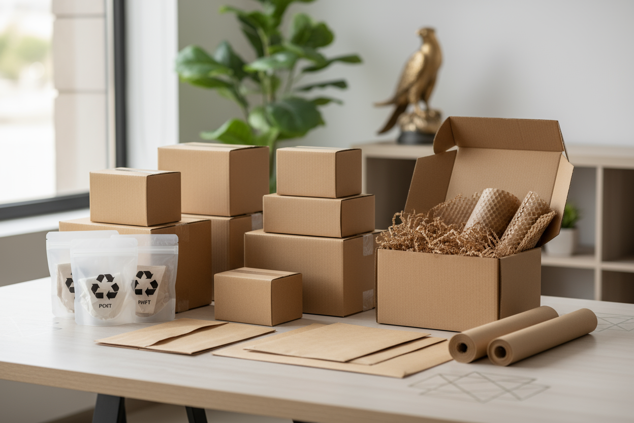 A realistic scene showcasing sustainable e-commerce and retail packaging used across the UAE.
Feature right-sized FSC-certified corrugated shipping boxes and recyclable paper mailers.
Include protective paper wraps and void-fill alternatives that replace bubble wrap.
Show recycled-content (PCR/rPET) and recyclable mono-material plastic packaging where barrier protection is needed.
Use a modern, professional aesthetic with subtle UAE business cues and clean, eco-focused lighting.
