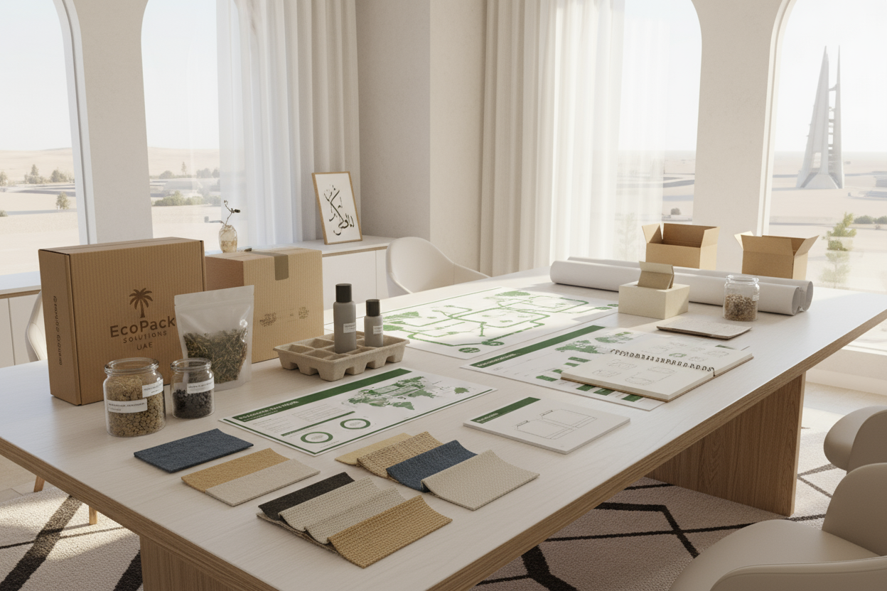 A realistic workspace scene illustrating a sustainable packaging consulting process in the UAE, with no people present.
Show packaging samples, sustainability audit documents, and supply-chain diagrams neatly arranged.
Include creative design sketches, prototypes, and eco-friendly material swatches on a clean table.
Display globally sourced sustainable material samples, organized in a professional layout.
Use a modern UAE business aesthetic with soft lighting, emphasizing strategy, design, and implementatio