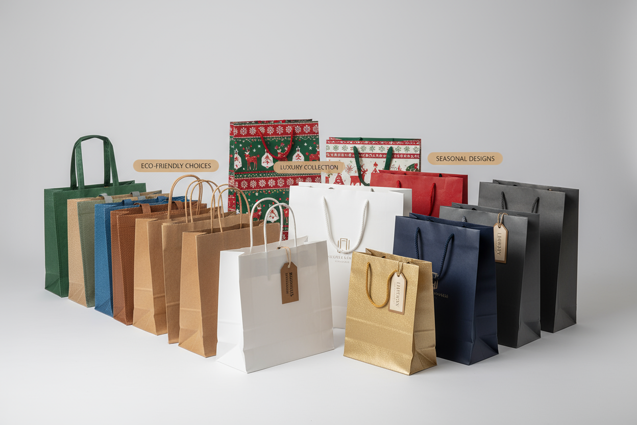 Create a stunning, hyper-realistic product showcase featuring a wide variety of gift bags arranged in an elegant, well-lit studio setting. Include brown Kraft paper bags, white paper gift bags, premium paper gift bags with handles, plain customizable bags, shimmering gold luxury gift bags, festive Christmas gift bags, and eco-friendly non-woven reusable bags. Display them neatly in groups to highlight versatility—business essentials, luxury options, seasonal designs, and eco-friendly choices. Use soft shado