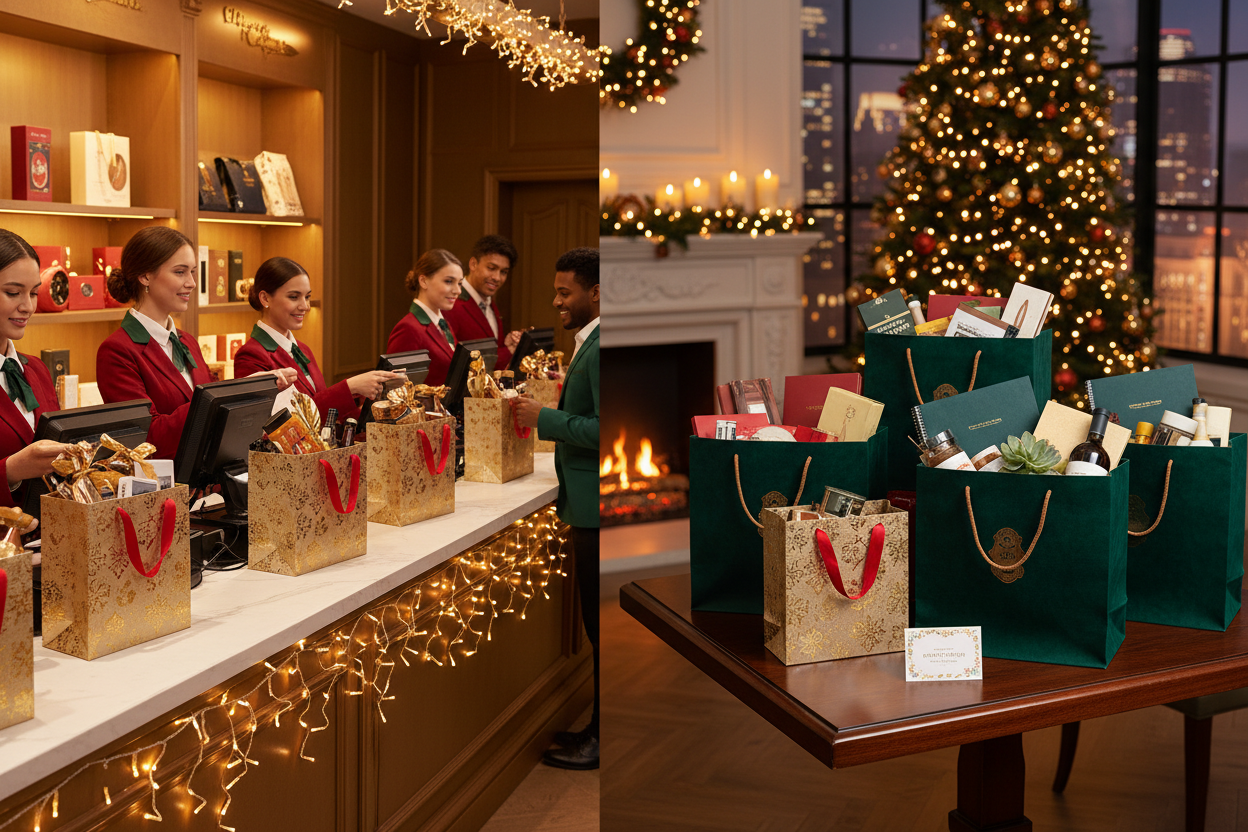 Festive commercial scene showing Christmas gift bags in use for both retail and corporate gifting. One side features a retail checkout counter with staff quickly placing products into elegant, easy-to-fill holiday gift bags that look pre-wrapped. The other side shows premium Christmas gift bags filled with corporate appreciation hampers, arranged neatly for a business event. Warm holiday lighting, professional setting, upscale yet practical look. High-resolution, photorealistic, modern commercial photograph