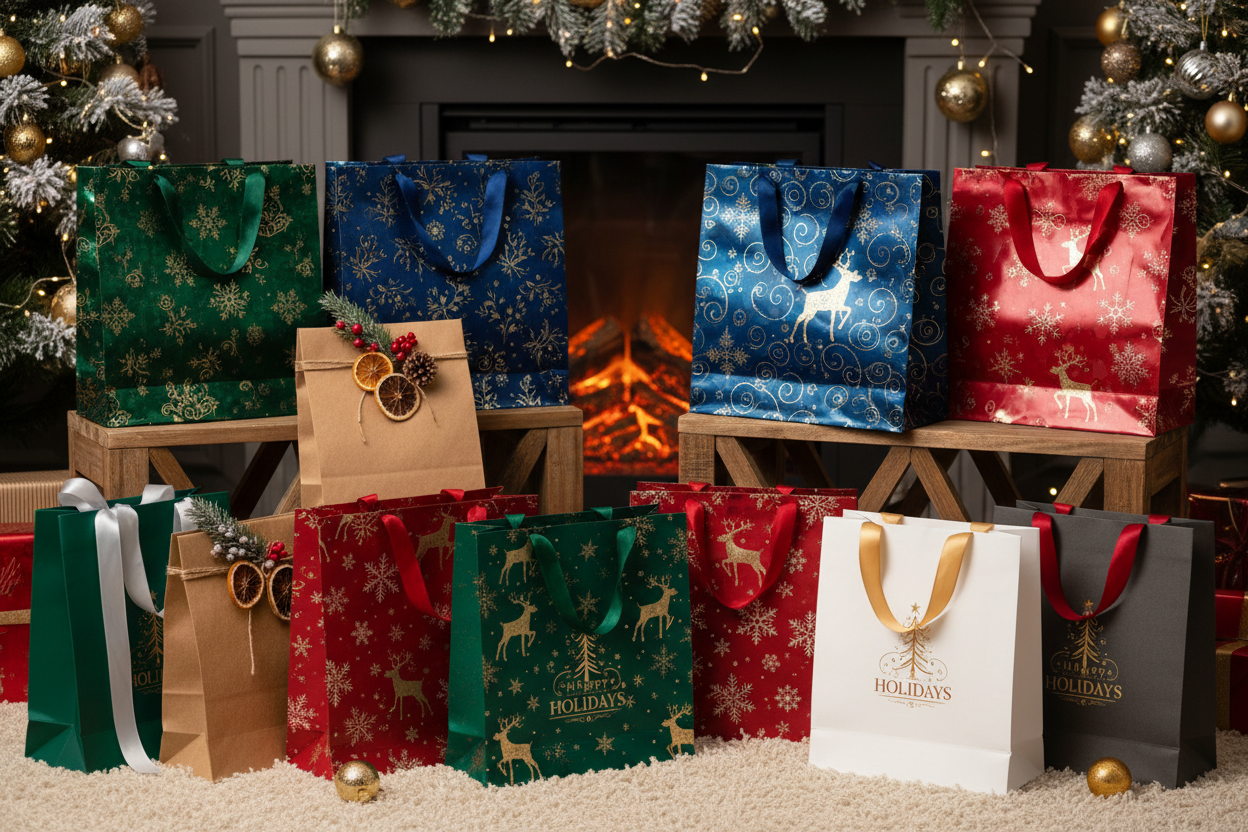 Festive holiday packaging display featuring luxury Christmas gift bags with gold foil and glossy finishes, eco-friendly kraft bags with rustic charm, classic red and green bags with snowflakes and reindeer, and minimalist plain bags styled with custom logo stamps and festive ribbons. Cozy upscale Christmas setting with soft lighting, pine accents, and ornaments. High-resolution, photorealistic, professional product photography.