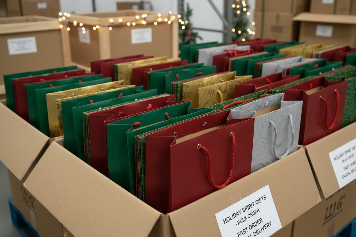 Professional holiday wholesale packaging scene featuring bulk stacks of premium Christmas gift bags in festive colors. Show close-up details of reinforced handles, thick high-quality paper, and flawless finishes. Bags arranged in cartons and ready for fast local delivery, with subtle festive accents like pine branches and warm lights. Clean, modern B2B aesthetic that conveys reliability, durability, value pricing, and readiness for the holiday rush. Ultra-realistic, high-resolution commercial product
