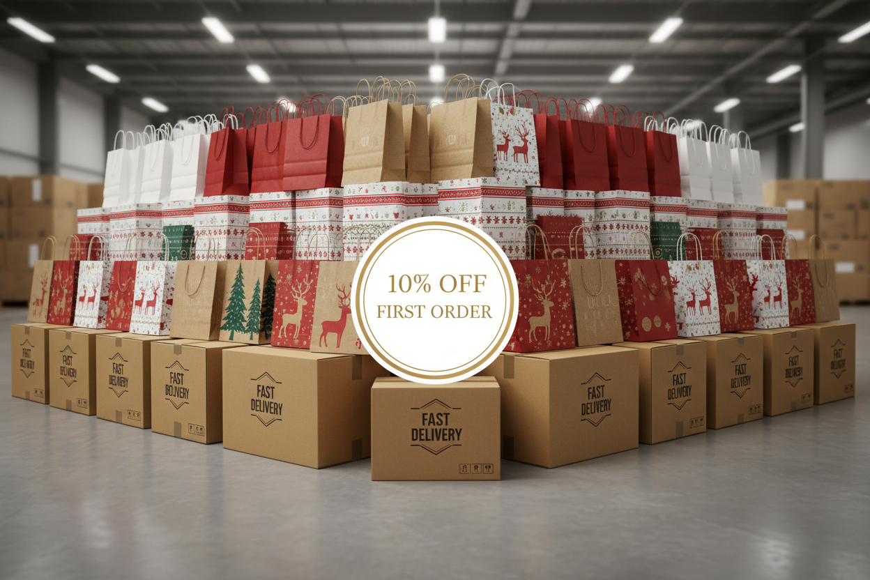 Trust-building holiday packaging scene for a FAQ section. Show bulk stacks of Christmas gift bags in the background, including plain white, red, and kraft bags alongside festive designs. In the center of the image, include a subtle, elegant graphic badge or label suggesting a first-order discount 10% or special savings, tastefully integrated and not distracting. Surrounding the scene are neatly packed cartons ready for fast local delivery. Clean, organized composition with a professional B2B aesthetic